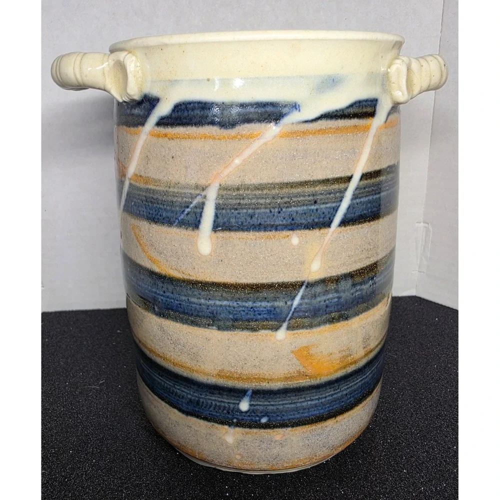 Studio Pottery Striped‎ Stoneware Vase Blue Tan Drip Glaze Lug Handles 7 Inch